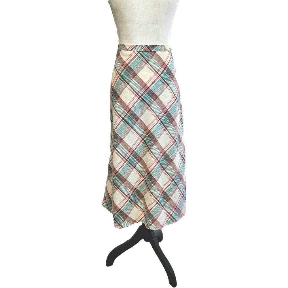 Vintage 70s Christmas Pink Red Green Plaid Wool Blend Midi Skirt Size S Holiday - Picture 2 of 8